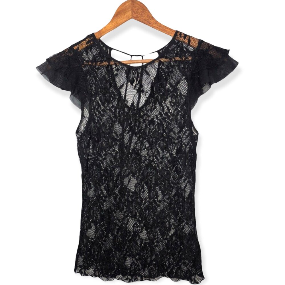 Castro Floral Lace Short Mesh Sleeve Black Blouse